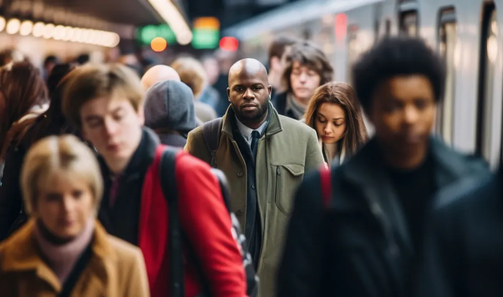 What is the new UK visa rule for students? Image shows a student commuter walking down a train platform surrounded by other people who are blurred out.