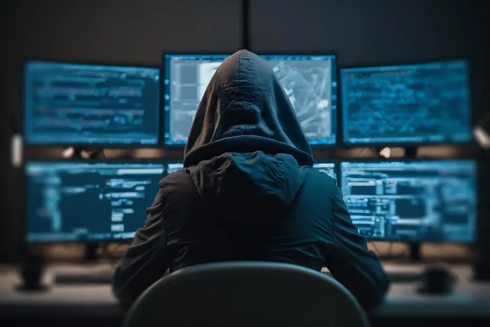 Capita Data Breach Compensation: Can I Claim? Imagine shows the back of a person with their hood up looking at 6 computer screens. All computer screens show the signs that they are a hacker as it features encrypted data.