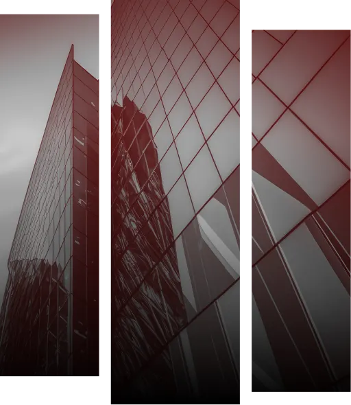 Business Interruption Claims Featured Image. Image shows a ground shot looking up of an office block with mirrored glass windows. The photo is split into three vertical rectangle sections and has an overlay of deep red to grey from top to bottom.