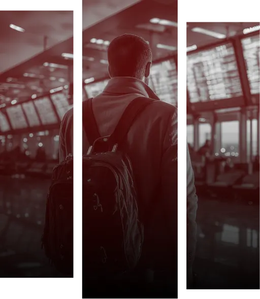 Immigration Law featured image. Image shows a male with a backpack looking up at an airport departure board.