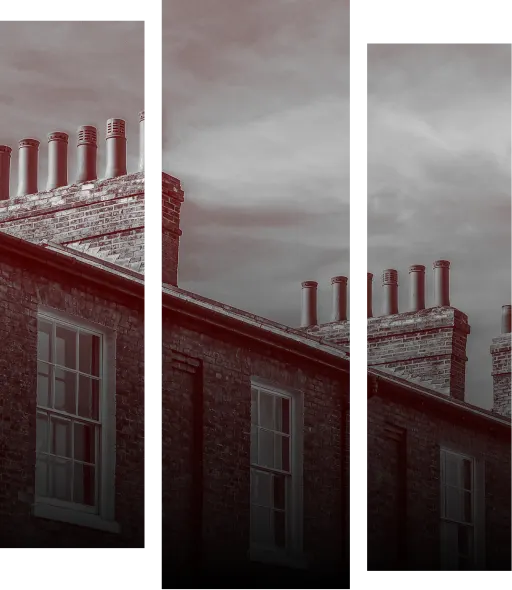 Tenancy Deposit Claims Featured Image. Image shows the rooftops of terraced houses. The image is split into three vertical rectangles and is greyscale.