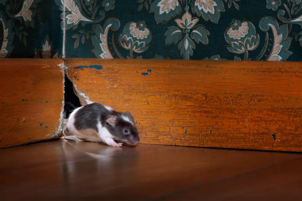 Is your home making you ill featured image - image shows a mouse coming out of a hole out of a skirting board inside a house.