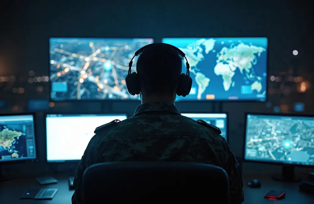 Military Personnel Looking at screens with encrypted data on